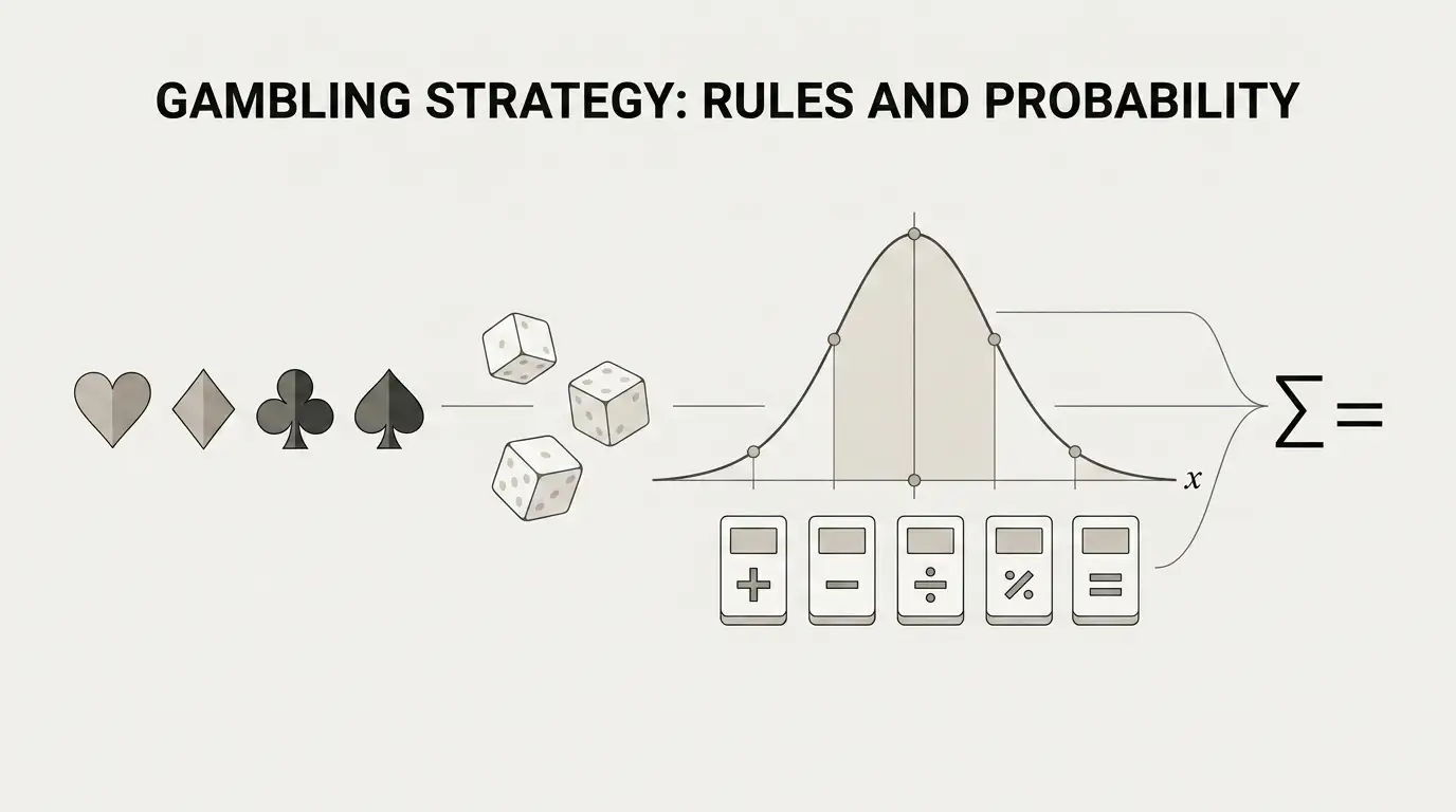 Conceptual editorial illustration showing cards, dice, probability curves and calculator symbols
